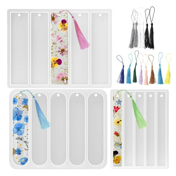 Set of 3 Bookmarks Silicone Mold, Small Medium Rectangle Bookmark Resin Mold Kit with 20 Pcs Tassels for DIY Epoxy Resin Casting Crafts Making Supplies