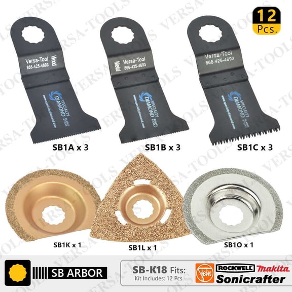 Versa Tool SB-K18 12 PC Universal Oscillating Saw Blade Set for Fein Multimaster, Rockwell, Sonicrafter, Makita Oscillating Tools (SB3A,3B,3C,1O,1L,1K)