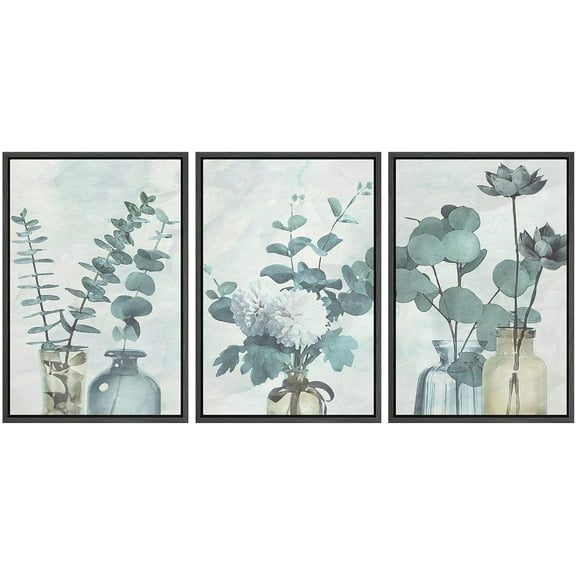IDEA4WALL Framed Canvas Print Wall Art Set of 3 Watercolor Effect Green Forest Leaves in Bottles Wall Decor Abstract Geometric Floral Prints Minimal Modern Art Nordic Zen Artwork - Black 16"x24"x3