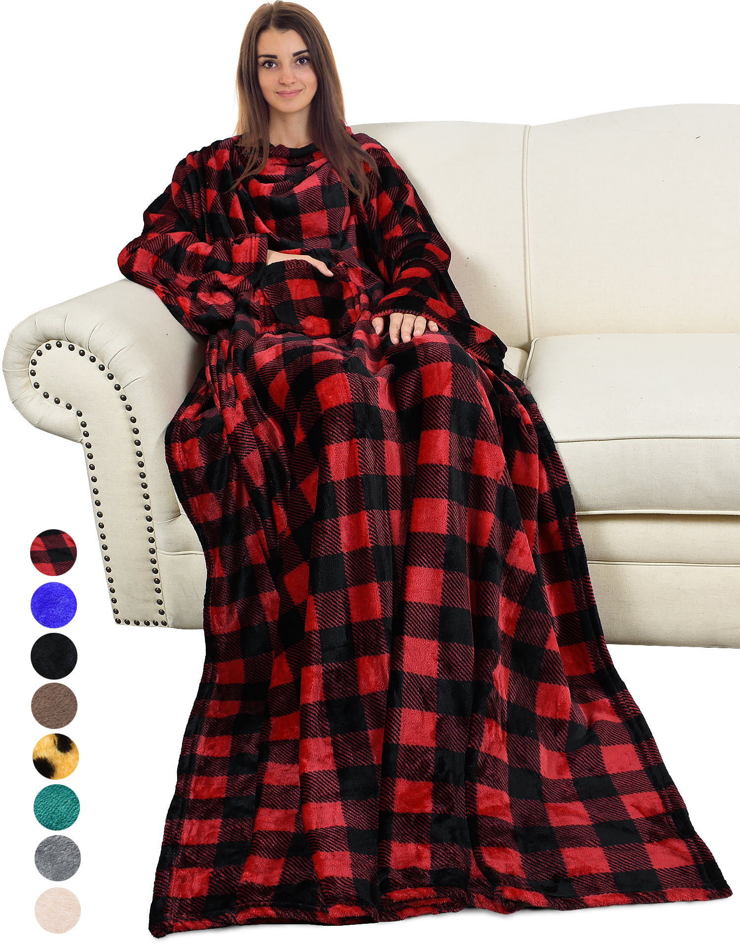 Wearable Blanket with Sleeves and Pocket,Comfy Soft Fleece Mink Micro Plush  Wrap Throws Blanket Robe for Women and Men,Red Plaid Checke Buffalo -  Walmart.com