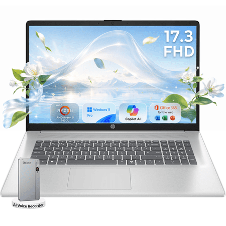 HP 17.3" FHD Business Laptop, AMD Ryzen 5 7430U, 20GB RAM 512GB SSD, Windows 11 Pro with Reclox AI Voice Recorder, Copilot AI