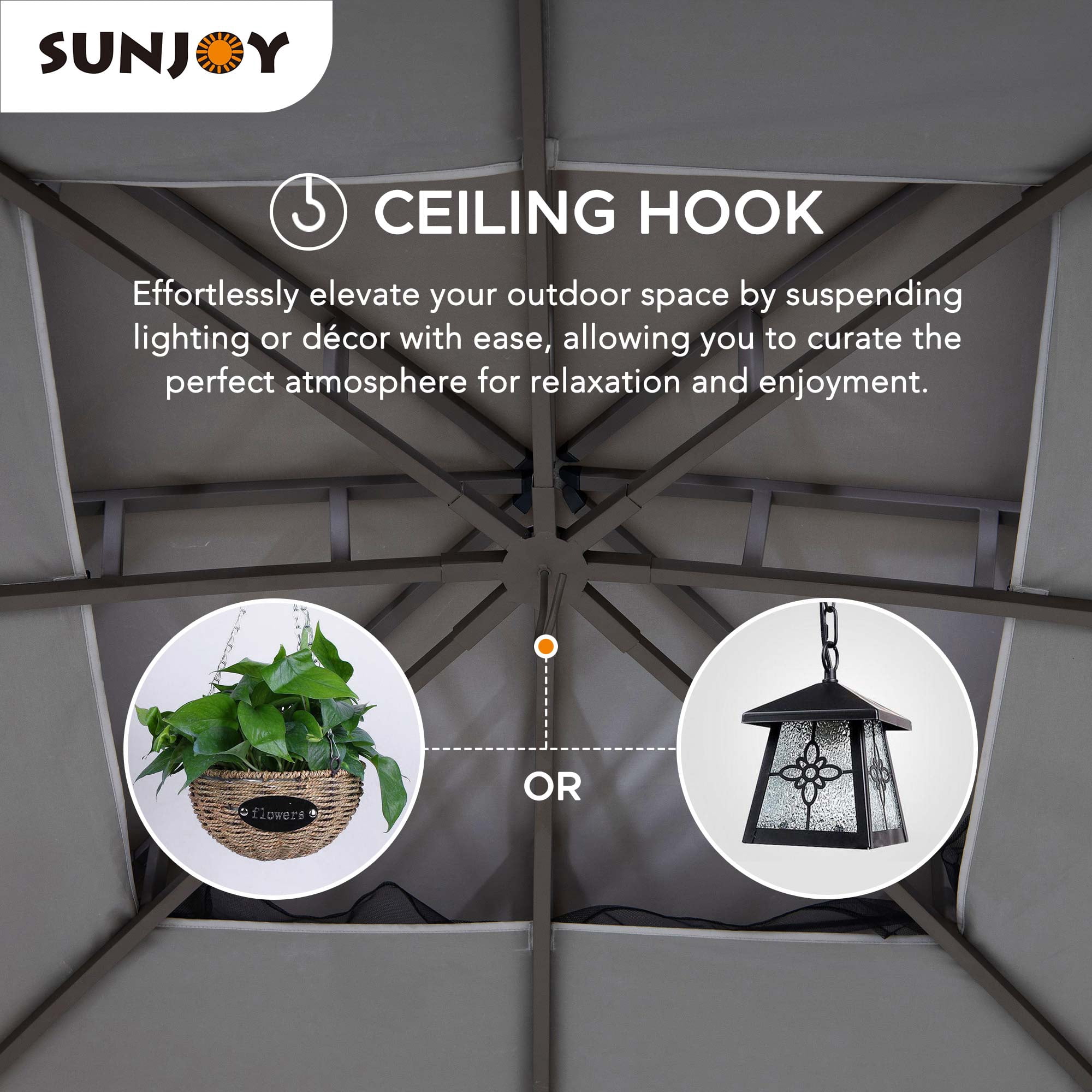 Sunjoy 12 x 12 ft. Outdoor Backyard Steel Frame Soft Top Gazebo with Mosquito Netting ,2-Tier Canopy Roof, Ceiling Hook