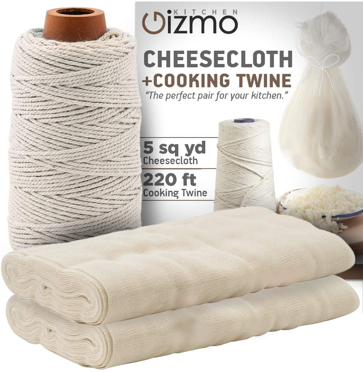  Kitchen Gizmo Cheesecloth and Cooking Twine for Meat - Grade 50  100% Unbleached Cotton Strainer, 2 Sq. Yards Cheese Cloth for Straining, w/  220ft. Butcher Twine, Food Grade Bulk Homesteading Supplies