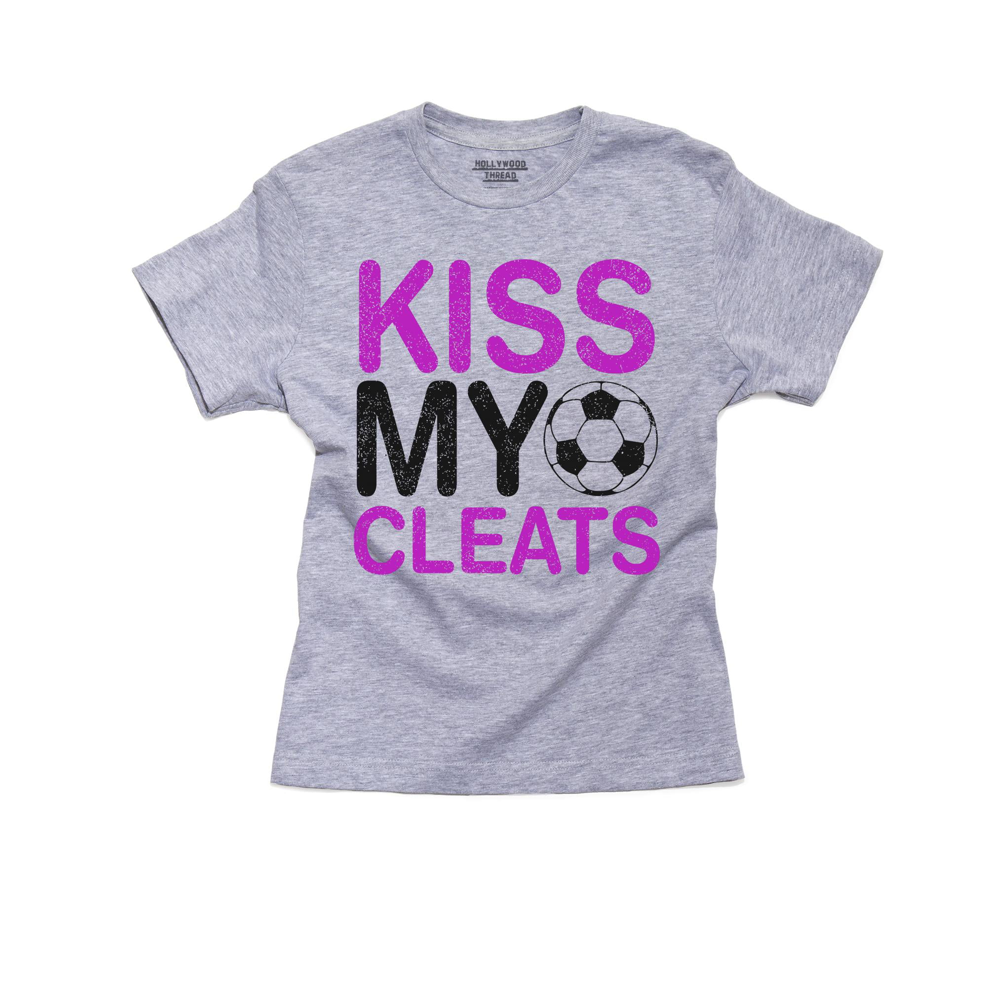 Kiss My Cleats - Pink with Soccer Ball Girl's Cotton Youth Grey T-Shirt ...