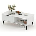 thumbnail image 1 of Coffee Table, 41.34" Wooden Coffee Table with Storage Cabinet, Two-Tier Design, Wave-Style Sliding Doors, Modern and Functional for Farmhouse, Living Room, Office, or Lounge, White, 1 of 7