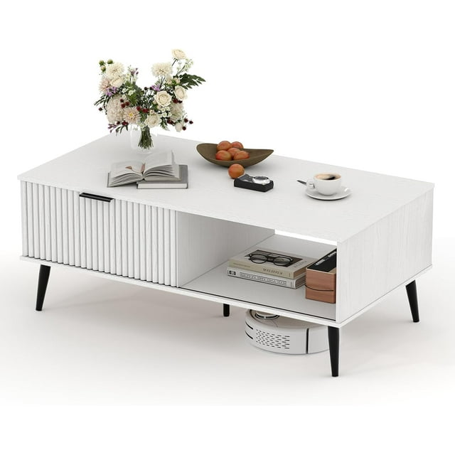 Coffee Table, 41.34" Wooden Coffee Table with Storage Cabinet, Two-Tier Design, Wave-Style Sliding Doors, Modern and Functional for Farmhouse, Living Room, Office, or Lounge, White