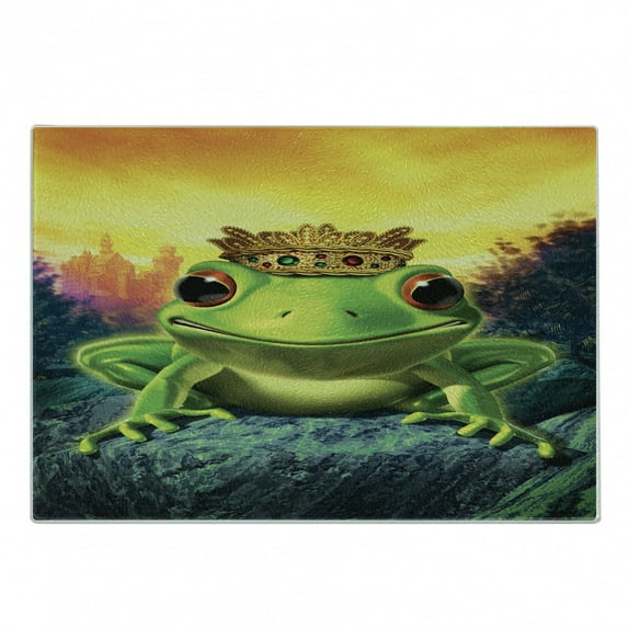 Animal Cutting Board, Frog Prince with Golden Yellow Crown on Rocks Soul Mates Illustration, Decorative Tempered Glass Cutting and Serving Board, Small Size, Green Yellow, by Ambesonne