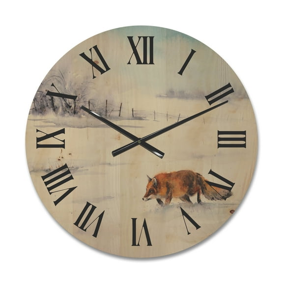 Designart 'Red Fox Running In White Snow in Countryside I' Farmhouse Wood Wall Clock