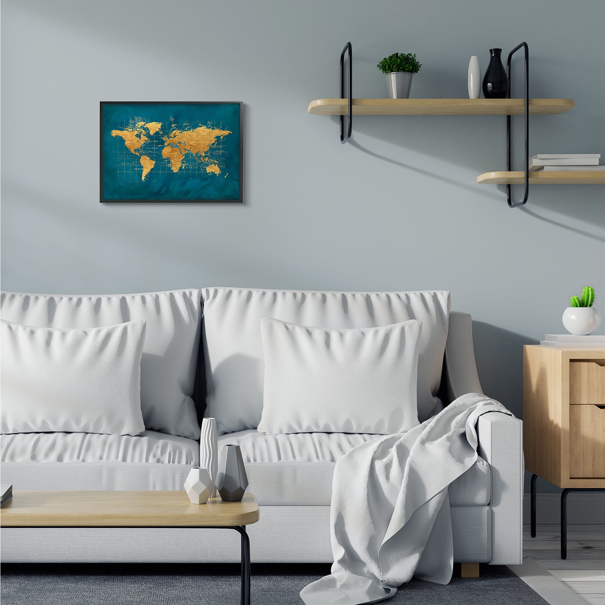 Stupell Industries World Map Gold Blue Texture Watercolor Chart Design Black Framed Art Print Wall Art, 16x20, by Beth Albert
