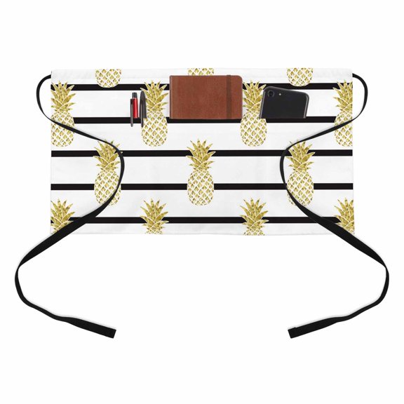 Yellow Pineapple Kitchen Restaurant Half Waist Apron, Abstract Fruit White Black Stripe Modern Server Short Apron with 3 Pockets Waterproof Oil Waist Aprons for Women Waitress Waiter