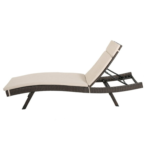 Sydney Outdoor Brown Wicker Adjustable Chaise Lounge with Textured Beige Colored Cushions