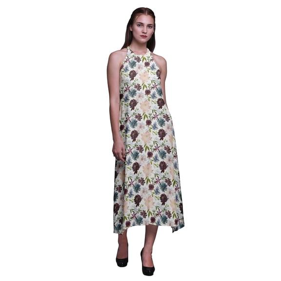 Bimba Floral Causal Long Backless Halter Neck Dress Women Printed Beach Dress-Large