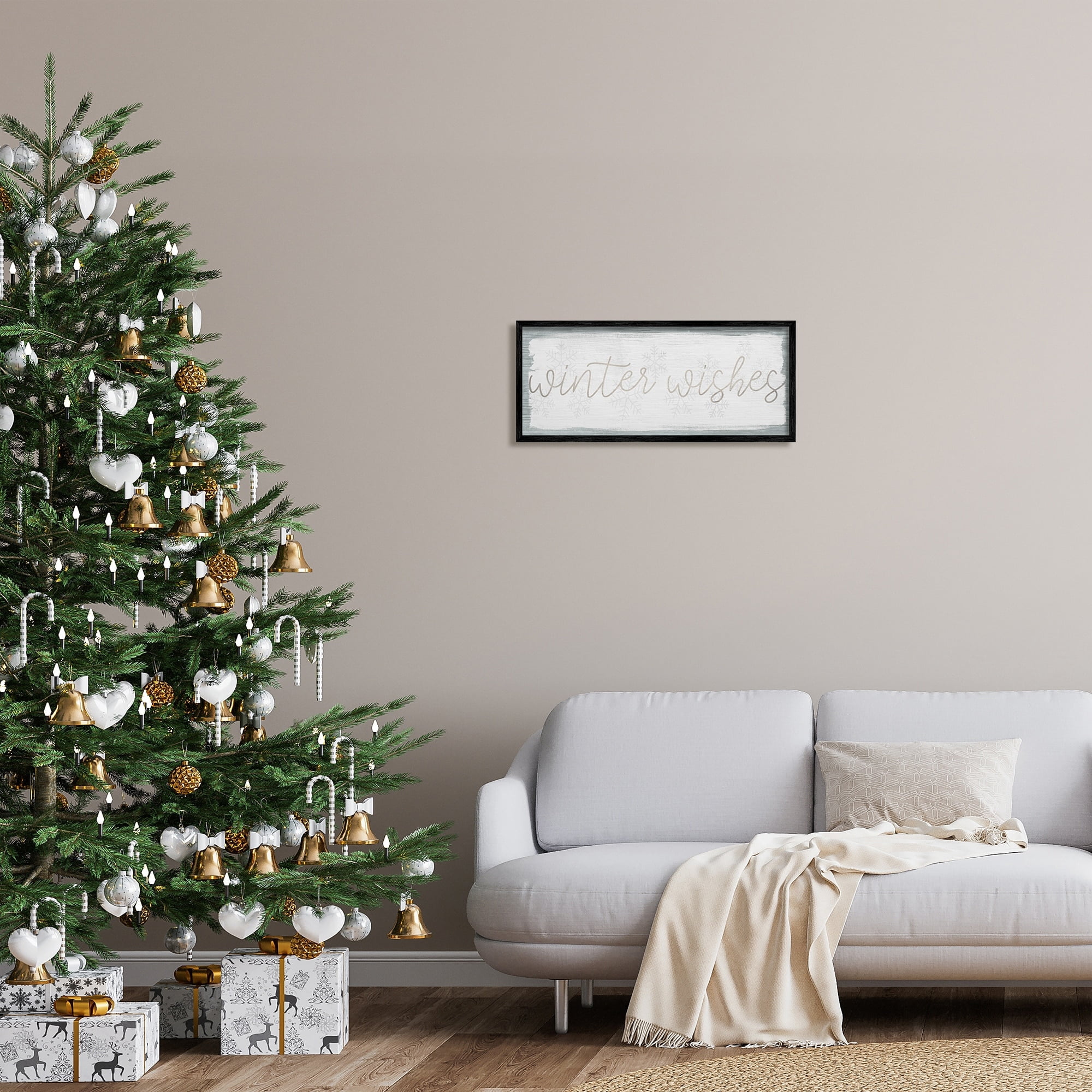 Stupell Industries Rustic Winter Wishes Sentiment Soft Snowflake Pattern Graphic Art Black Framed Art Print Wall Art, 24x10, by Daphne Polselli