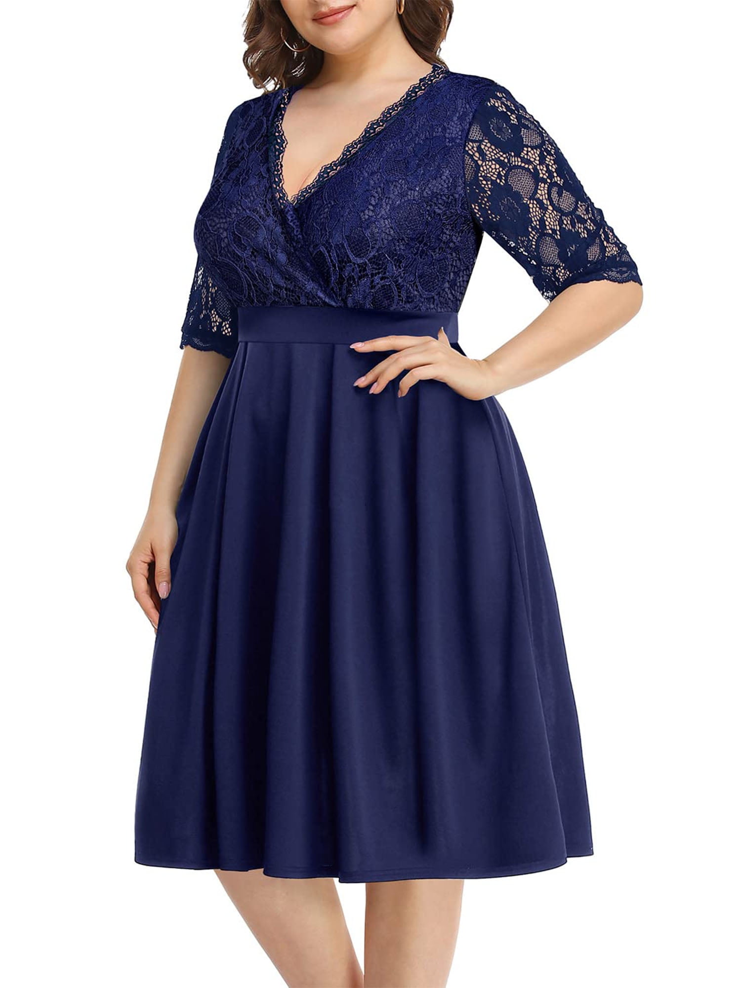 Elegant Lace Plus Size 3x Maxi Dresses DYMADE Women's Party Cocktail Ball  Gown Half Sleeve V-Neck Elastic Waist Lace Stitching Plus Size Formal  Dresses