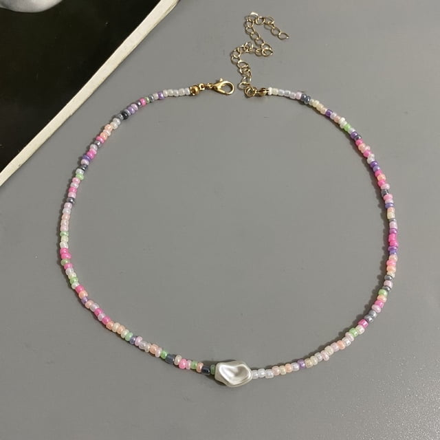 Collier de Perles Boho Mode Femme Imitation Perle Perle de Rocaille Brin Court Collier Ras-du-Cou Fait Main Bijoux Femme Gros