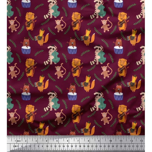 Soimoi polyester Crepe Fabric Leaves,Musical Instruments & Animals Kids Fabric Prints By Yard 52 Inch Wide