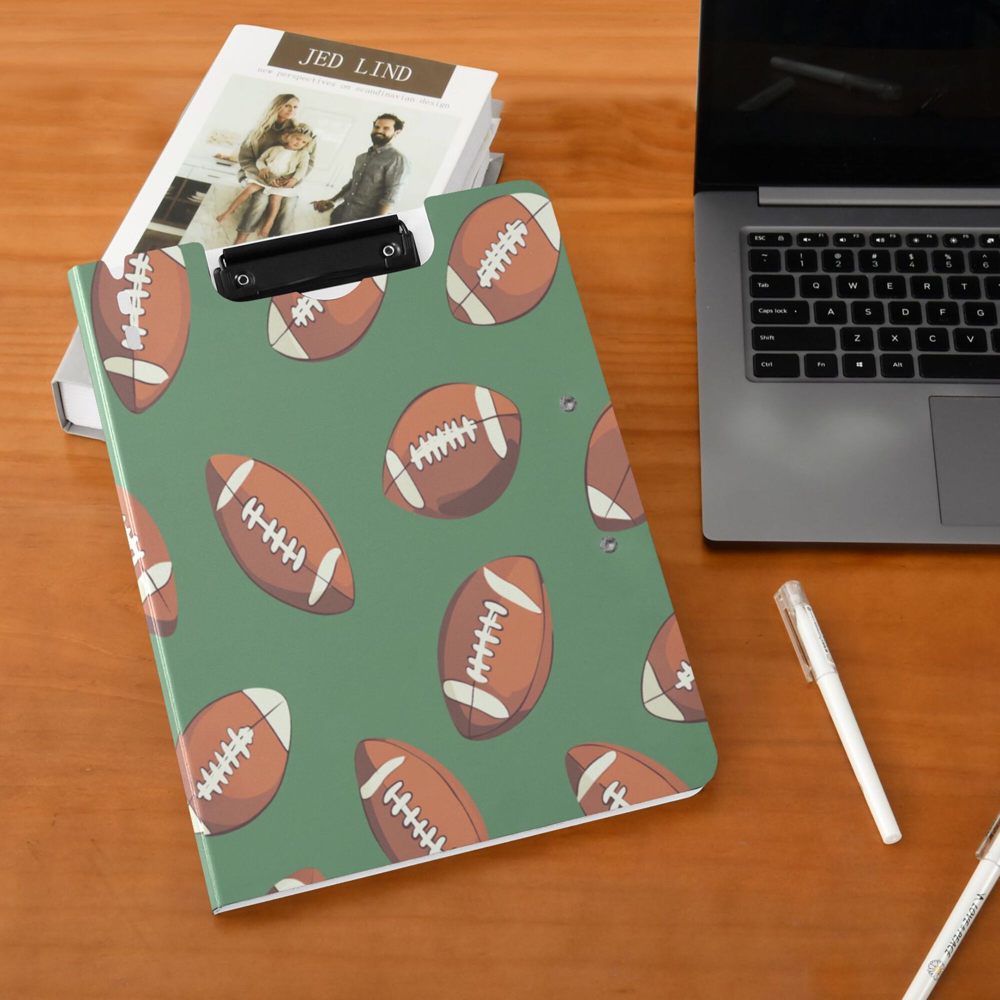 FORMRS A4 Clipboard Folder with Pen Holder Horizontal Foldable School Office Binder, Green American Footballs