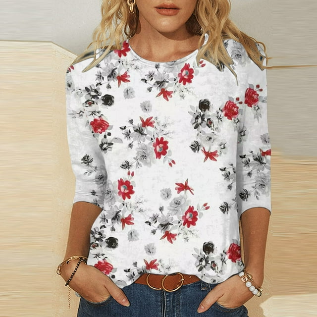 DPTALR Woman Round Neck 3/4Sleeve T-Shirt Printing Blouse Tops Sweatshirt