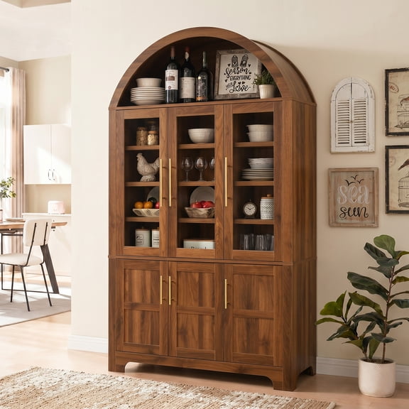 Euroco 73" Tall Arched Kitchen Pantry Cabinet,Farmhouse Wood Kitchen Storage Cabinet with 3 Glass Doors,Door Shelves & Adjustable Shelves,Freestanding Pantry Cupboard for Kitchen Bathroom,Walnut