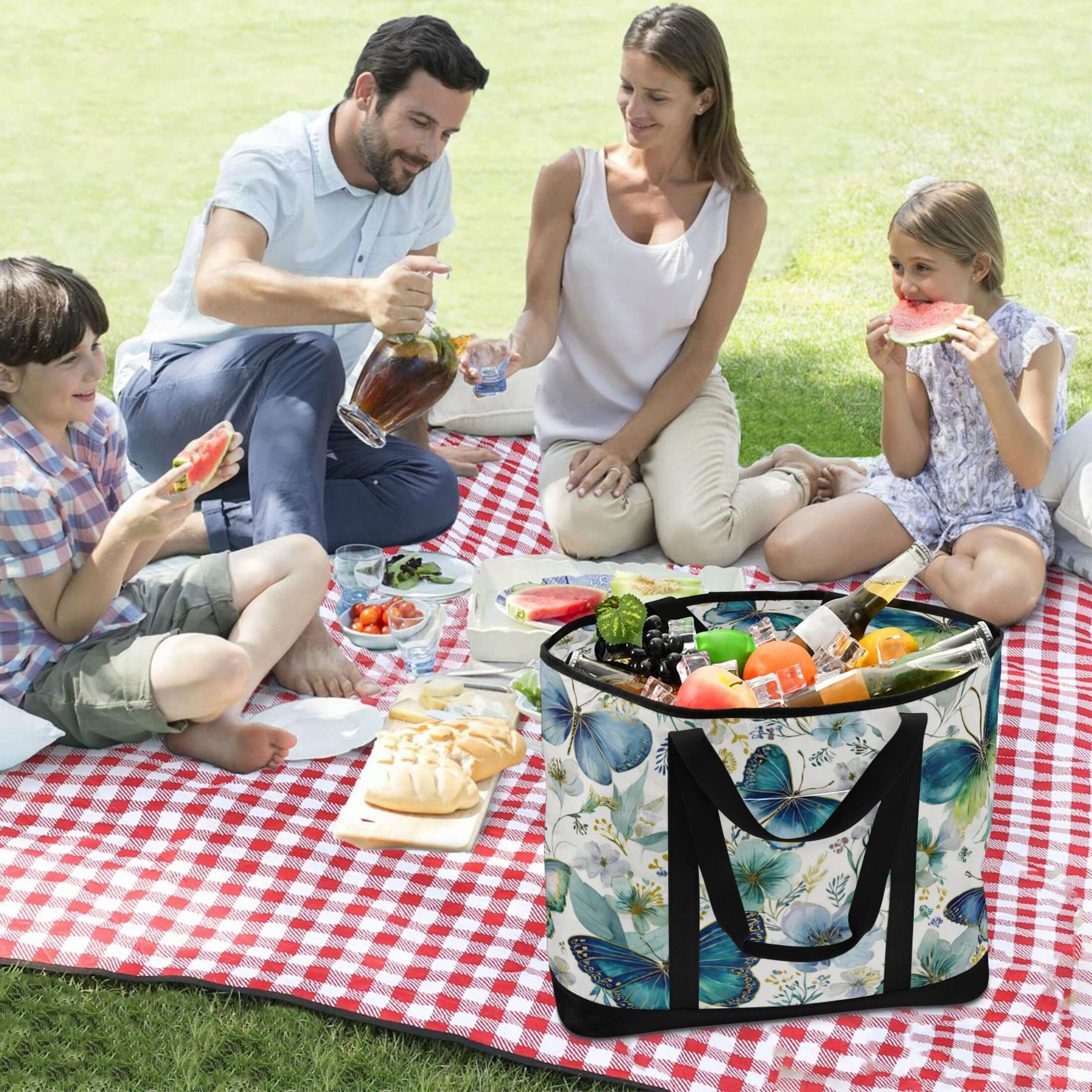 Extra-Large Wide Opening Design Capacity Hand-Held Ice Pack Thickened Insulation Layer For Long-Lasting Cold Retention For Outdoor Shopping Picnics And Camping Watercolor Green Butterflies
