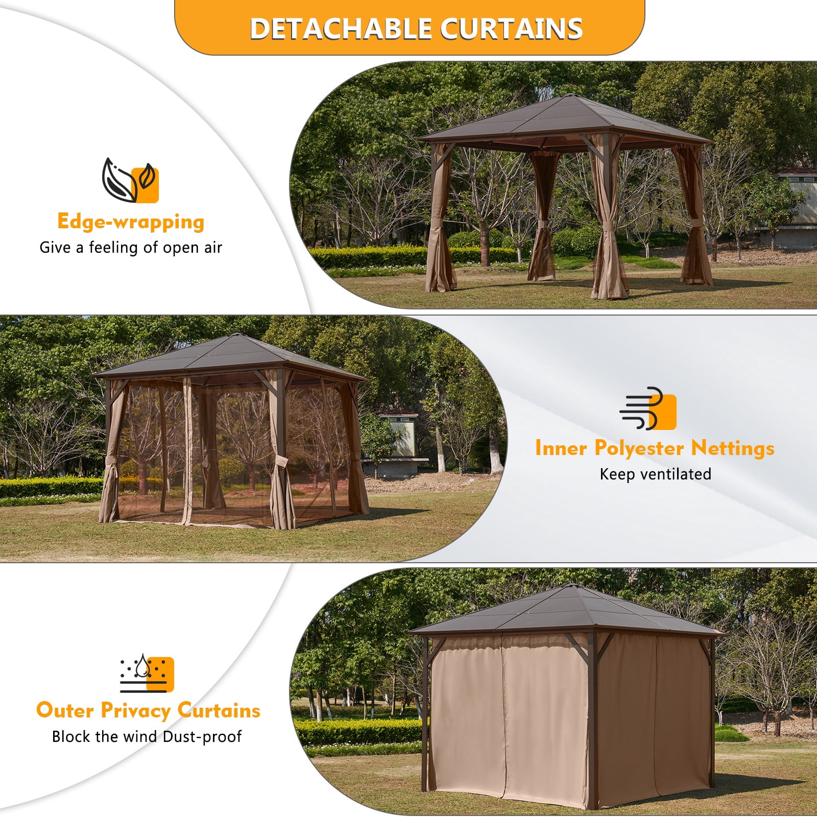 JolyDale 10 ft. x 10 ft. Patio Hardtop Gazebo, Outdoor Aluminum Frame Canopy with Netting and Curtain for Garden, Patio, Lawns, Brown