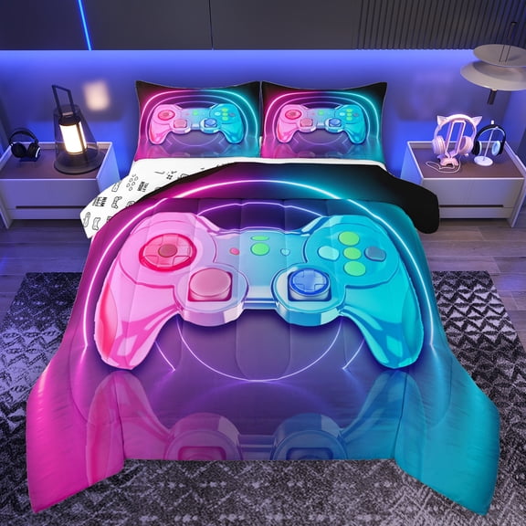 Manfei Teens Video Game Bedding Comforter Set,Console Game Lover Twin Comforter Sets,Gradient Pink Blue Bedding Set For Kids,Microfiber Bedroom Decor Reversible,2 Pieces