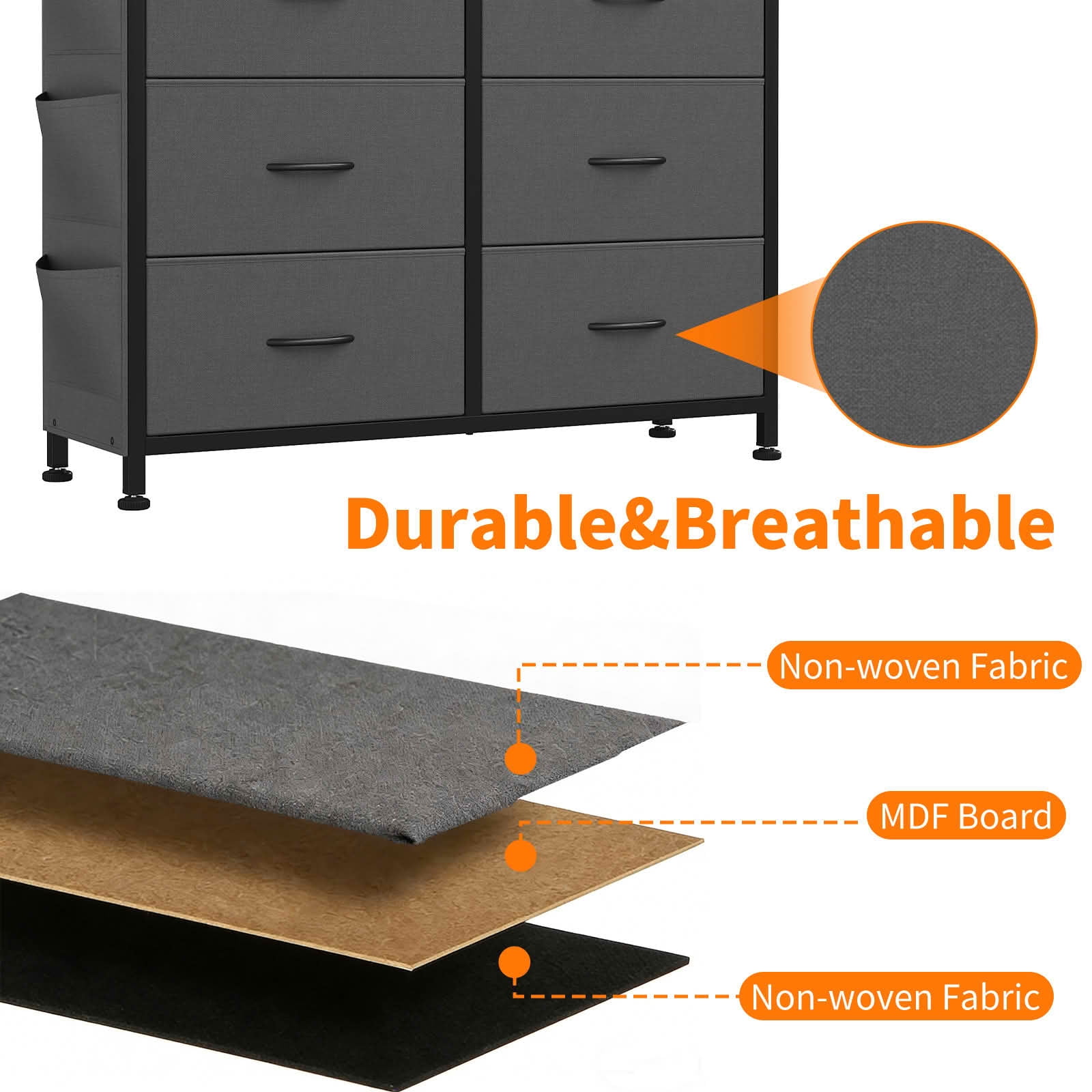 MAYEERTY 10-Drawer Storage Dresser, Cabinet with Side Pocket Hooks Wood Top for Bedroom Closet