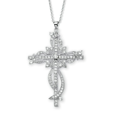 3.12 TCW Round Cubic Zirconia Cross Pendant Necklace in Silvertone 18