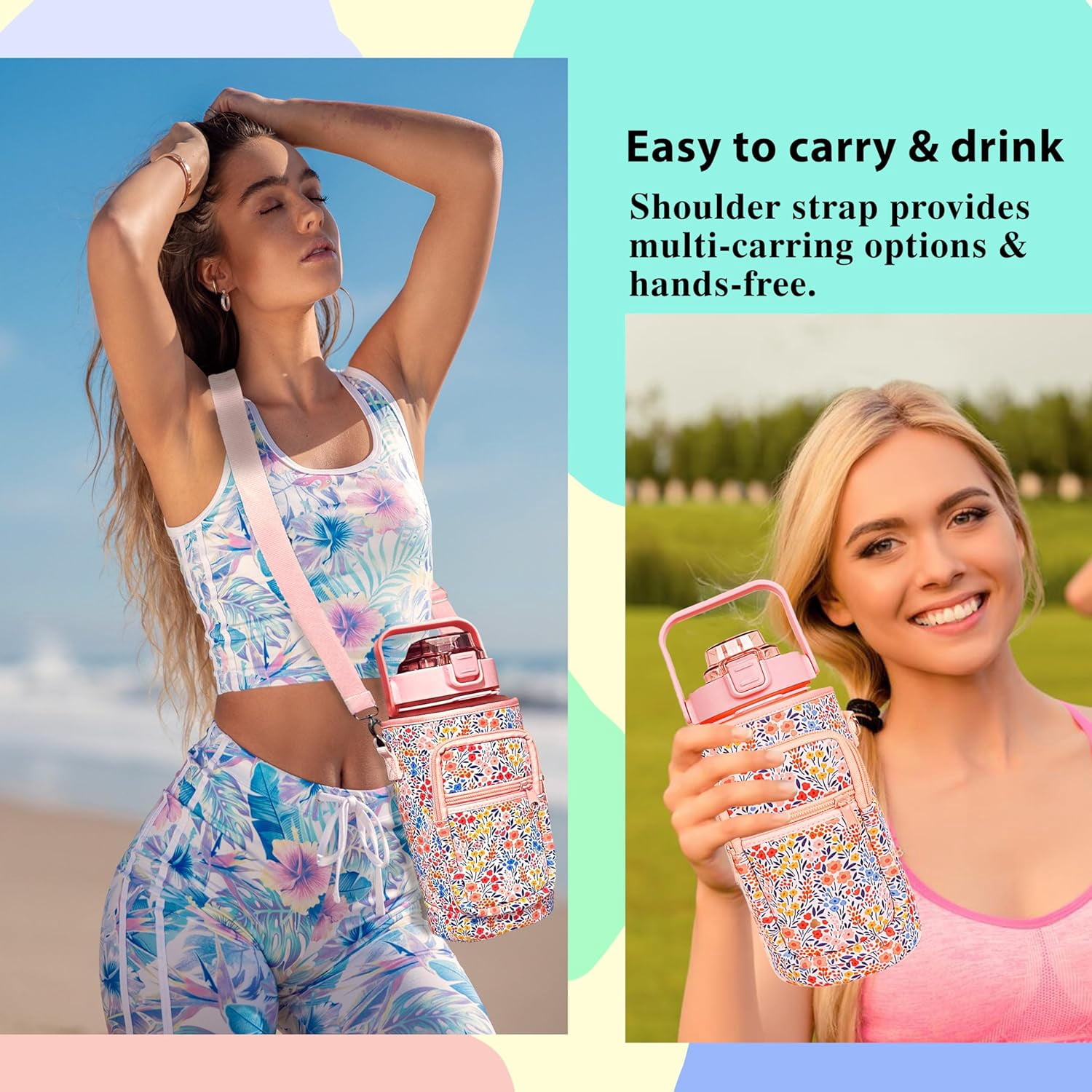 64 oz Water Bottle with Straw Sleeve & Strap Motivational BPA Free Half Gallon Water Jug with Handle for Gym Women Men Aesthetic Water Bottle with Strap Floral
