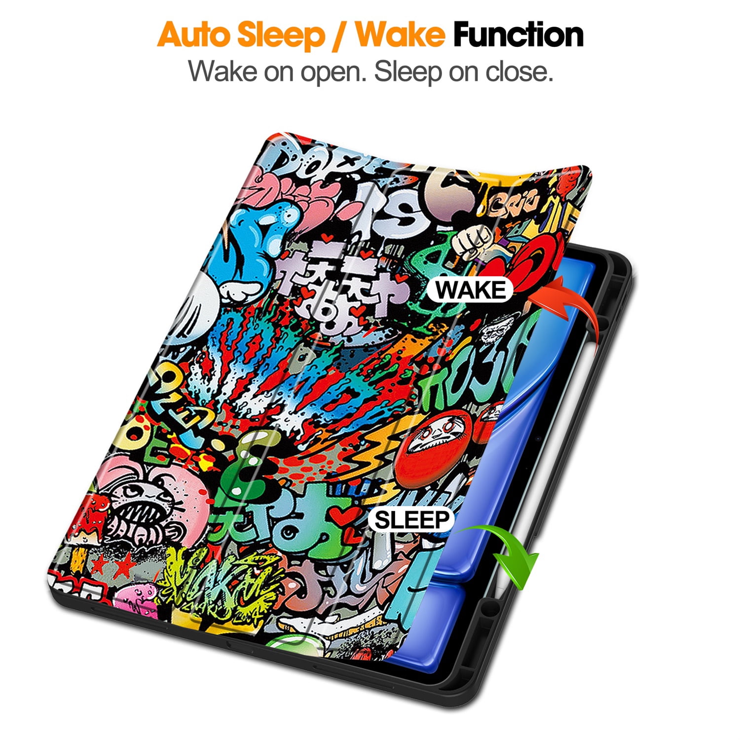 SaniMore for Apple iPad Air 13 (2024) Case, Auto Sleep/Wake, PU Leather Case with Tri-Fold Kickstand & Pencil Holder Shockproof Protective Cover for Women Men, Graffiti