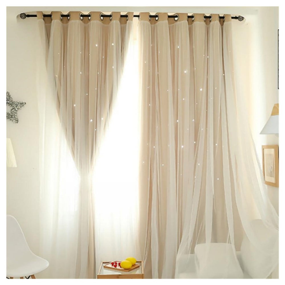 Double Layer Blackout Curtains,lace Voile Thicken Grommets Drapes