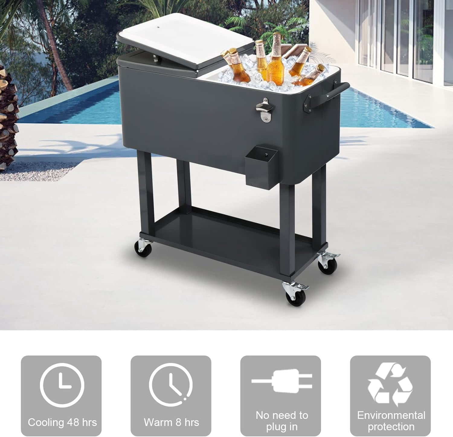 80 Quart Rolling Ice Chest, Portable Bar Drink Cooler with Catch Basin, Bottom Storage Tray and Bottle Opener for Patio Party BBQ Beach Activities
