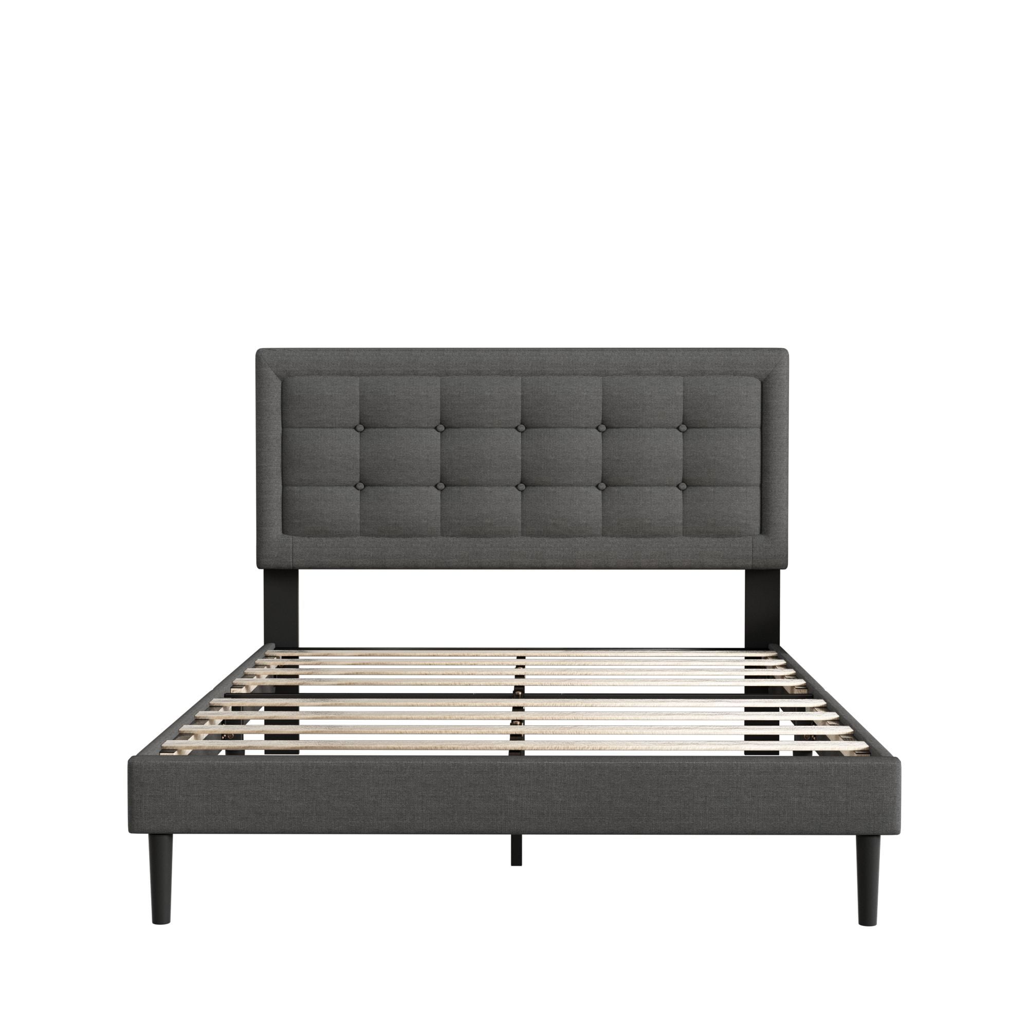 Unizone Full Size Bed Frame with Upholstered Headboard, Modern Tufting Style, Dark Gray