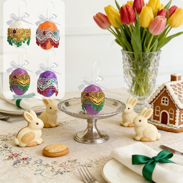 Colgante de huevo de Pascua - Huevo decorativo colgante de plástico de 6 cm con lazo, colores blanco, morado, vino y naranja. Decoración duradera para fiestas, búsquedas de huevos de Pascua