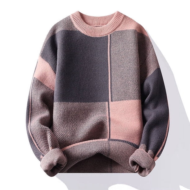 Suéter grueso de cuello redondo de invierno para hombre, ropa de punto geométrica de manga larga, camisa básica para hombre