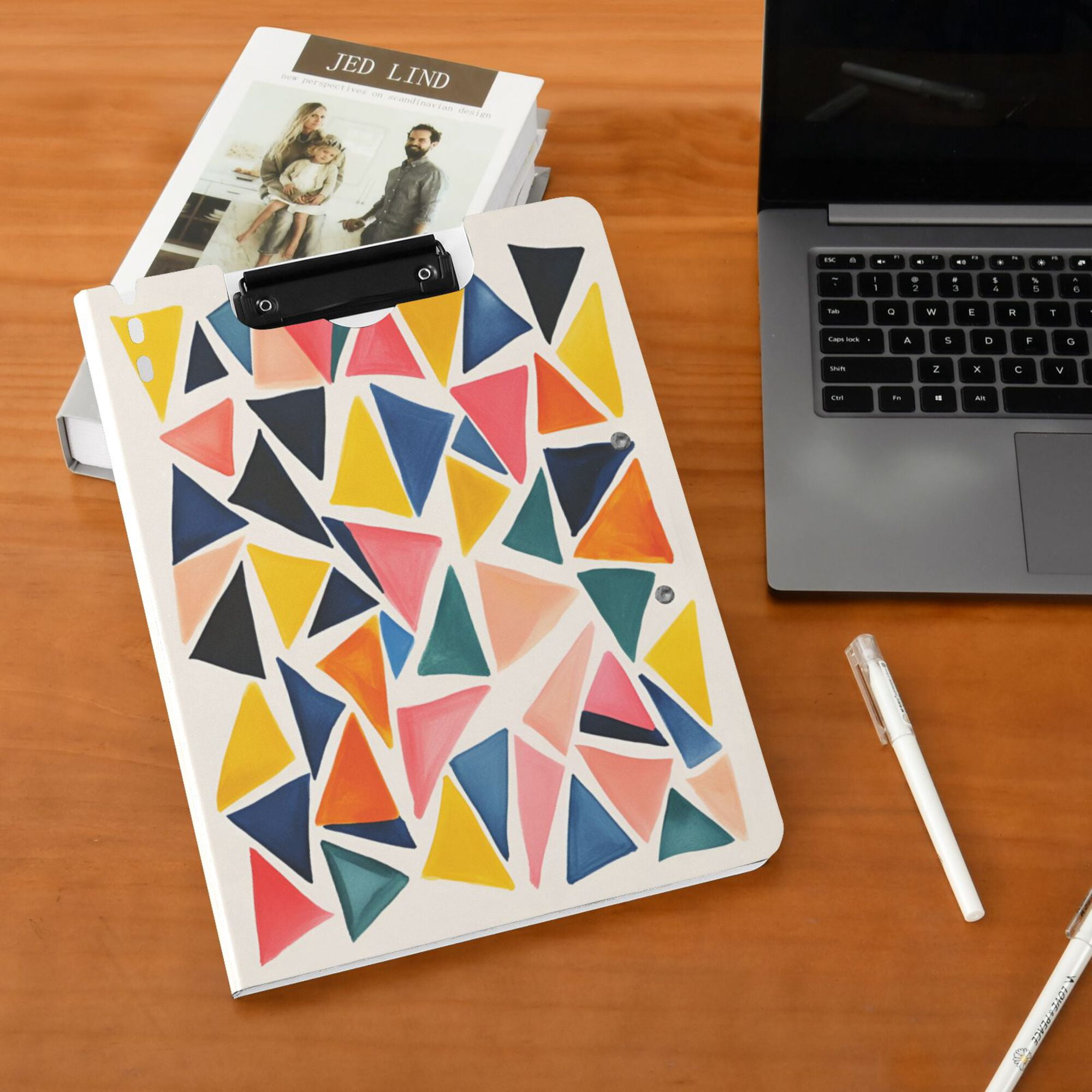 FORMRS A4 Clipboard Folder with Pen Holder Horizontal Foldable School Office Binder, Abstract Triangles