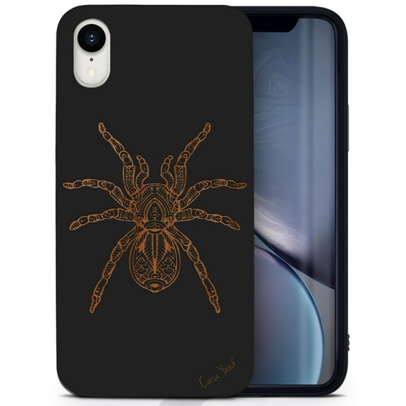 Wood phone case for iPhone XR compatible protective cell phone cover shockproof slim fit laser engraved Tarantula design Black wood case for Men & Women by CaseYard
