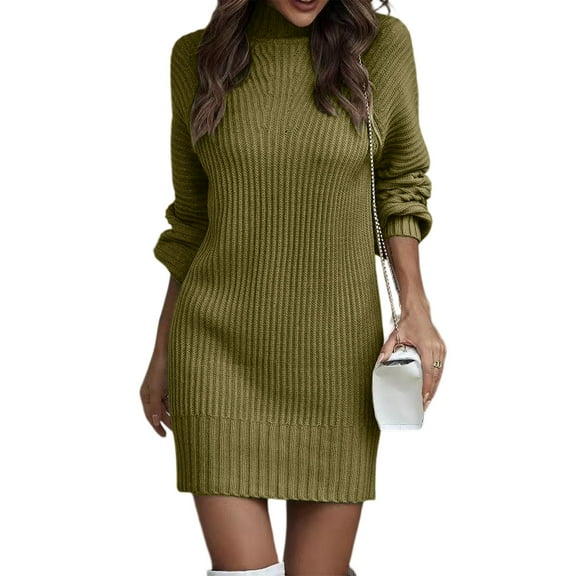 CharmCyan Women's Knitted Dress Turtleneck Winter Sweater Dress Knitted Dresses Midi Plain Long Wool Dress Army Green L