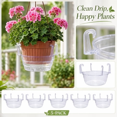 Hanging Basket Water Catcher – 8 Inch Plant Saucers for Outdoors Round Drip Trays for Hanging Planters Clear & Color Options 1/2/3/4/5 PC