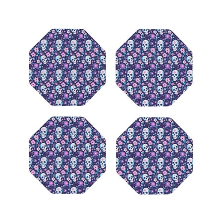 

Leather Coasters Set of 4 - Skull pink purple flower Lightweight Non-Slip Drink Coasters for Desk Anti-Scalding Desk Cup Coasters for Office Table Decor Octagon