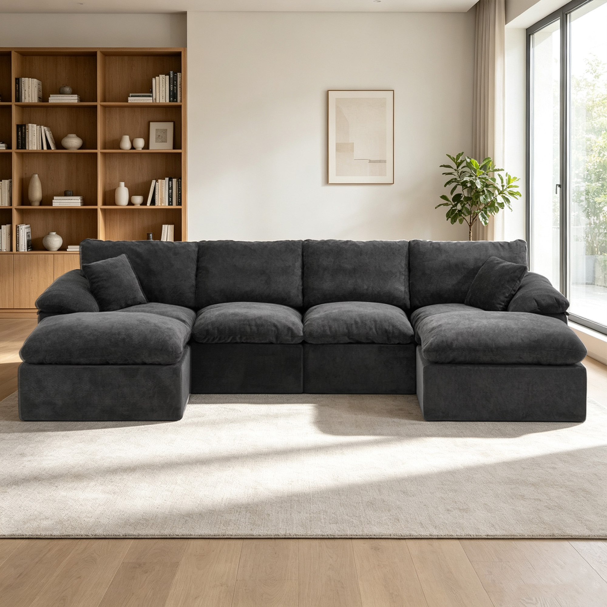 HOQBN Modular Sectional Sofa, L Shape Cloud Couch with 2 Movable Ottoman, Comfy Chenille Deep Seat Sofa with Soft Pillows for Living Room Apartment (Black)