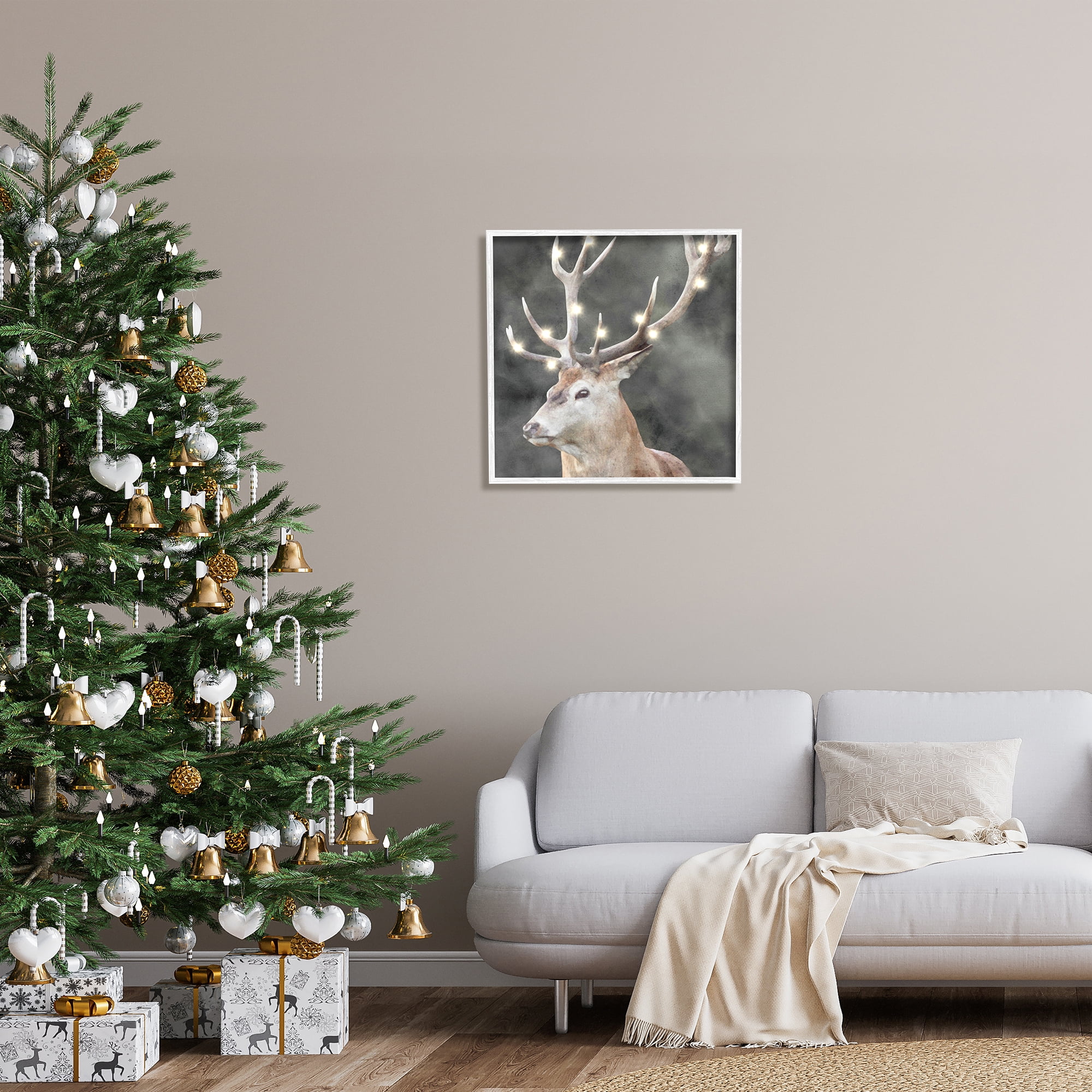Stupell Industries Holiday Lights on Antlers Holiday Painting White Framed Art Print Wall Art, 24 x 24