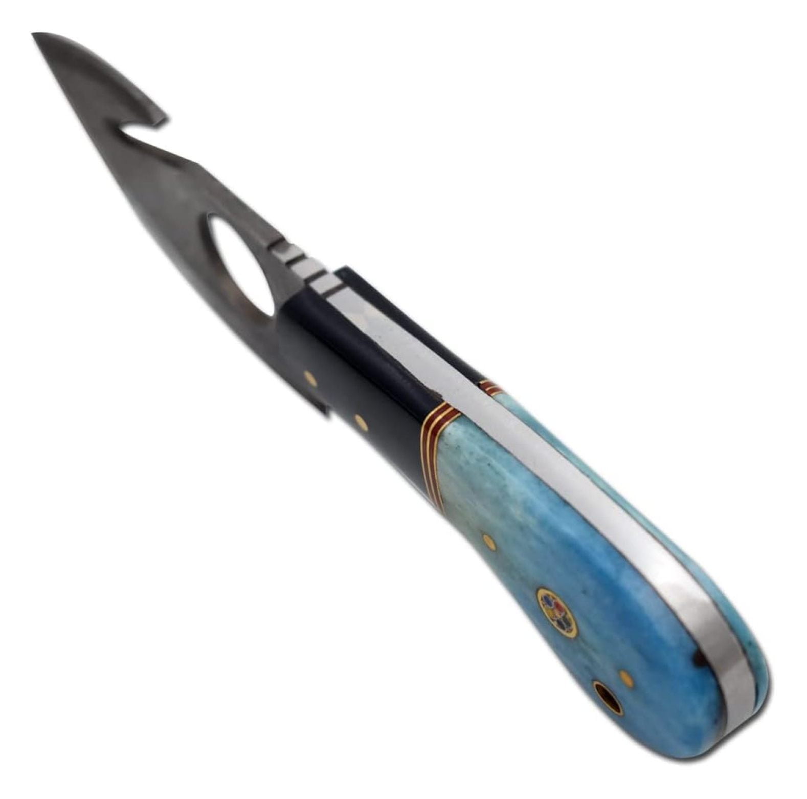 Damascus Steel Color Bone Handle Fixed Blade Full Skinner Knife w/Leather Sheath Hunting Camping Fishing Outdoor (Blue)