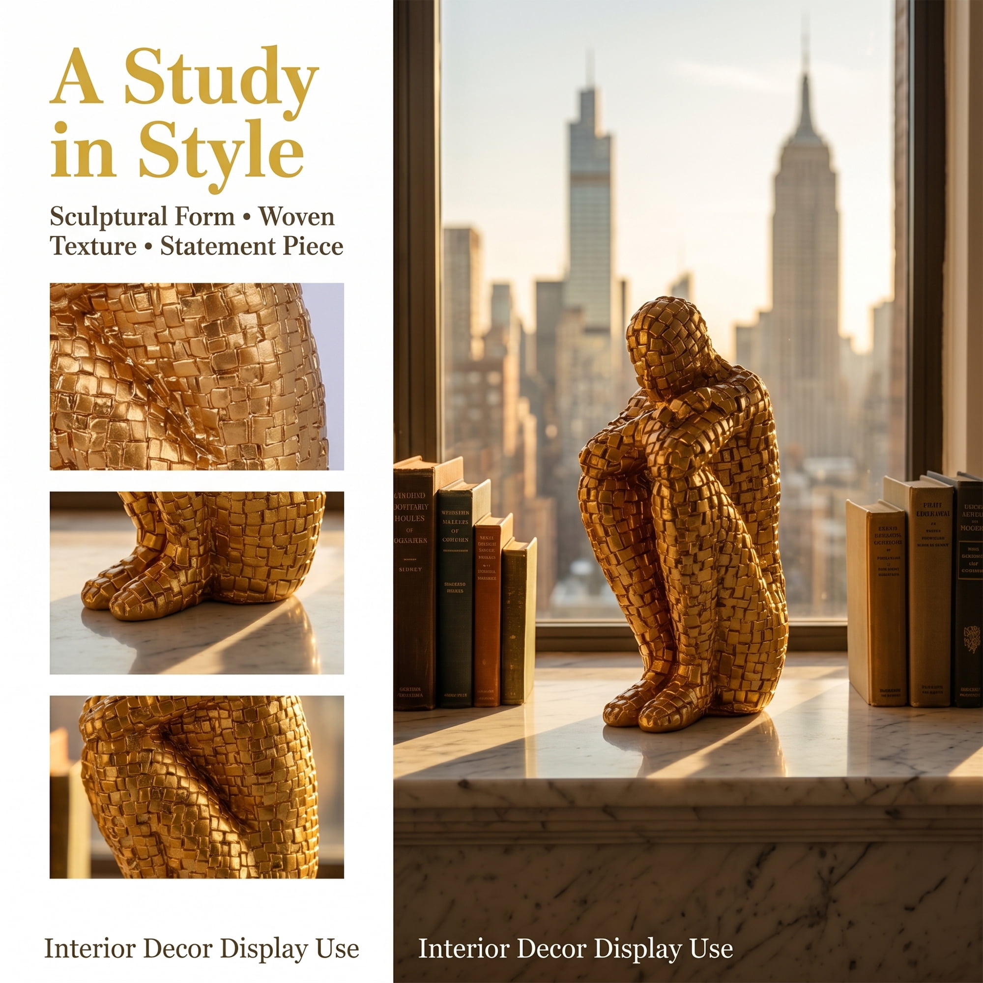 Unique Bargains Decorative Character Modern Figurine Book End Gold 4.1*2.6*7.9inch
