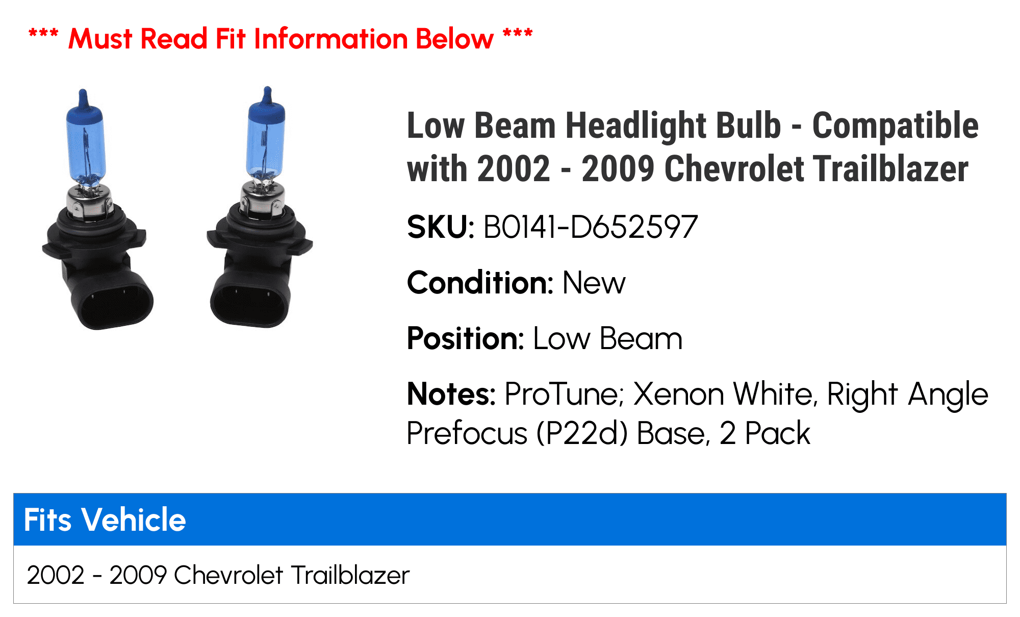API White Low Beam Headlight Xenon Automotive Bulb fits 2002-2009 Chevy Trailblazer 2 Pack