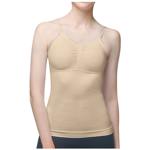 VKOYWKM Women's Basic Camisole Tops with Built in Bras Crew Neck Spaghetti Strap Tank Tops Slim Fit Cami Tank Tops Summer Sleeveless Tops