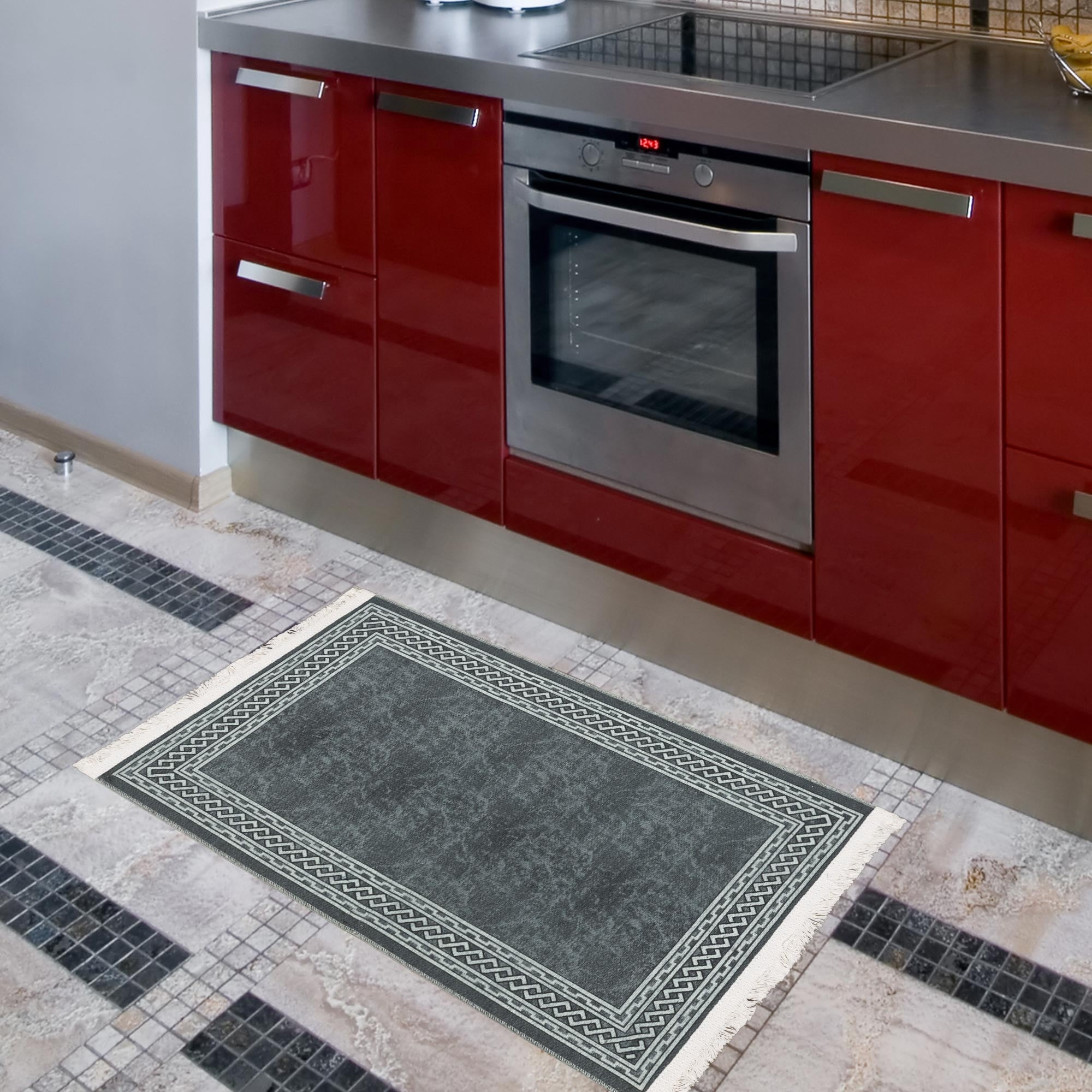 Ottomanson Machine Washable Cotton 2x3 Flatweave Area Rug for Entryway, 2' x 3', Ash Gray Border
