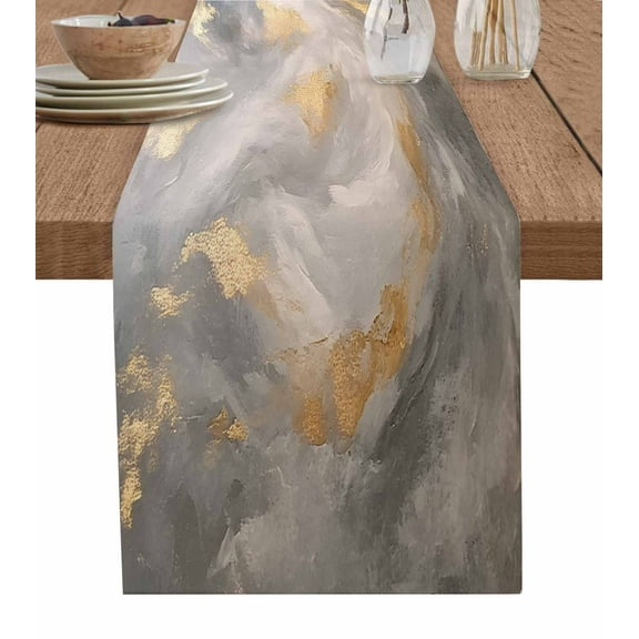 Marble Grey Gold Table Runner-Cotton Linen- 36 Inch Holiday Dresser Scarves, Abstract Gradient Blue Sky Scenery Tablerunner for Kitchen Coffee/Dining Bedroom Home Living Room Dinner Scarf Décor 13x36