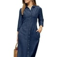 thumbnail image 3 of Gvmfive Women Long Sleeve Lapel V Neck Long Dress Button Down Casual Pockets Denim Dress, 3 of 4