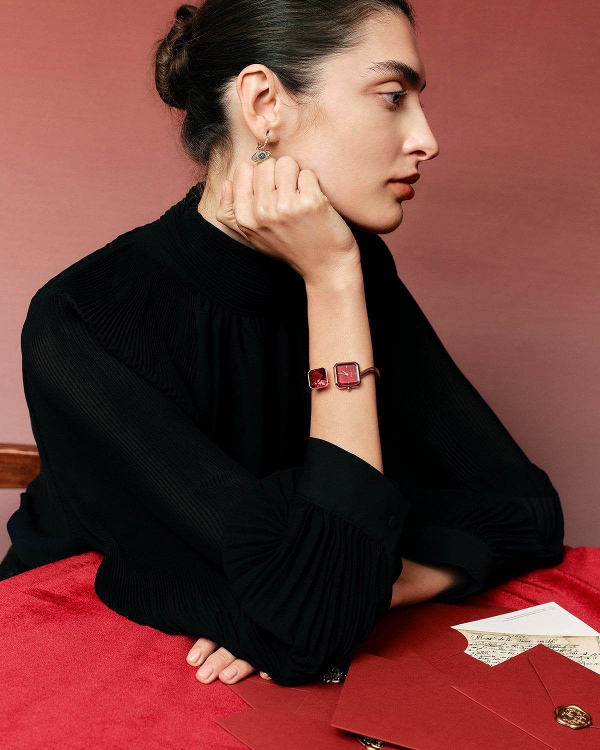 Watches for Women SAGA Light of Venice Swiss Ronda Quartz Bracelet Watch, Red Dial, Square Case, Stainless Steel, Silver Tone, Gift for Women